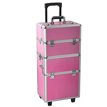 Yaheetech Aluminum Rolling Makeup Case Salon Cosmetic Organizer Trolley Train Case Makeup Case (Pink)