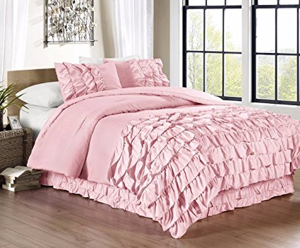 Chezmoi Collection Ella 3-piece Ruffle Waterfall Comforter Set (Full, Pink)
