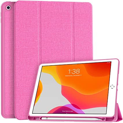 Soke New iPad 10.2 Case with Pencil Holder, iPad 8th Generation 2020/7th Generation 2019 Case-Premium Shockproof Case with Soft TPU Back Cover&Auto Sleep/Wake for Apple iPad 10.2", Hot Pink