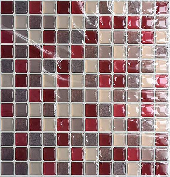 VANCORE 3D Mosaic Sticker Peel and Stick Tile Backsplash Contact Paper for Home Kitchen, Pack of 4, Red