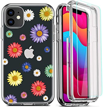 DecaStars for iPhone 11 Case, Clear Phone Case with [2 x Tempered Glass Screen Protector] Shockproof 360 Full Body Hard PC Soft Silicone TPU 3in1 Military Standard Protective Cover #11 Floral Daisy