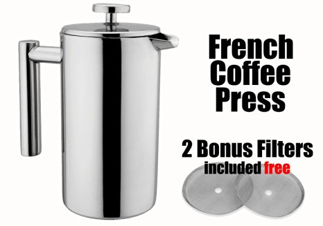 MSRM 34oz / 52oz(1 Liter / 1.5 Liter) European Double Wall Stainless Steel Coffee Press Pot French Press (1.5L)