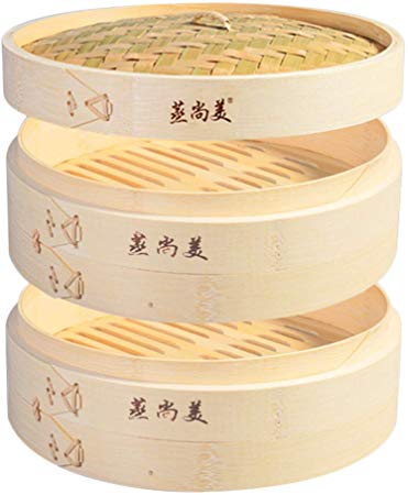 Hcooker 2 Tier Kitchen Bamboo Steamer Basket for Asian Cooking Buns Dumplings Vegetables Fish Rice