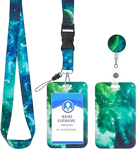 ID Badge Holder with Lanyard and Retractable Badge Reel Clip, Starry Sky ID Card Holder Set Retractable Badge Key Reel Breakaway Crossbody Lanyards Around The Neck for Women(Starry-Green)