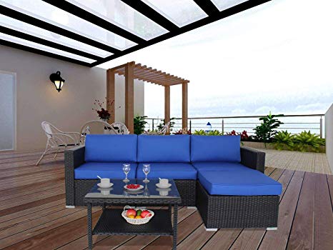 Leaptime Patio Sofa Furniture Garden Rattan Couch 5pcs Outdoor Sectional Sofa Conversation Set Royal Blue Cushion Black Wicker