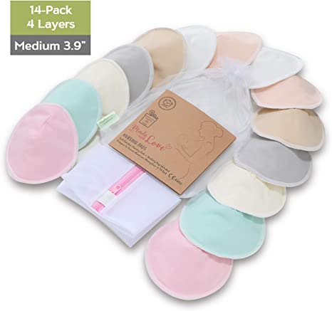 Organic Bamboo Nursing Breast Pads - 14 Washable Pads   Wash Bag - Breastfeeding Nipple Pad for Maternity - Reusable Nipplecovers for Breast Feeding (Pastel Touch, Medium: 3.9")