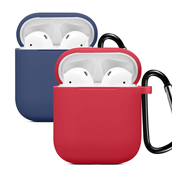 Compatible for Airpods Case Cover, Silicone Protective Skin for Apple Airpod Charing Case Compatible with Airpod case 2 and 1 with Magnetic Headphone Strap and Keychain (2Pack)-Red/Navy Blue