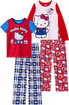 Hello Kitty Girls Pajama Pants and Sleep Shirt Sets 4 Piece PJ Top and Bottom Sleepwear Set for Girls Pajamas for Kids