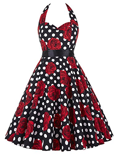 GRACE KARIN Women Vintage 1950s Halter Cocktail Party Swing Dress With Sash