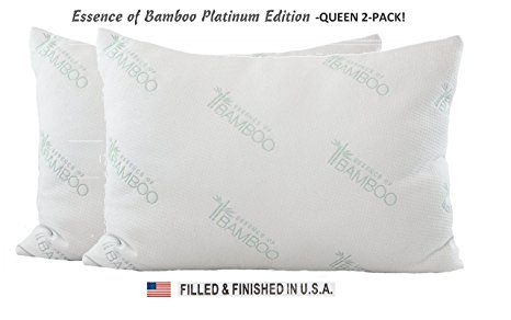 Essence of Bamboo Pillow Platinum Edition - Premium Hypoallergenic Down Alternative Fiber Pillow with Bamboo Derived Rayon / Poly Cover - Crafted in USA (Queen 2-Pack)