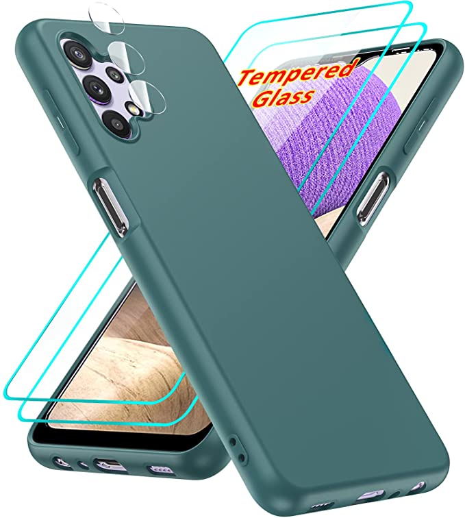 Samsung A32 5G Case, Galaxy A32 5G Case with [2 Pack] Tempered Glass Screen Protector & Camera Lens Protector, LeYi Liquid Silicone Soft Microfiber Liner Phone Case for Samsung Galaxy A32 5G, Green