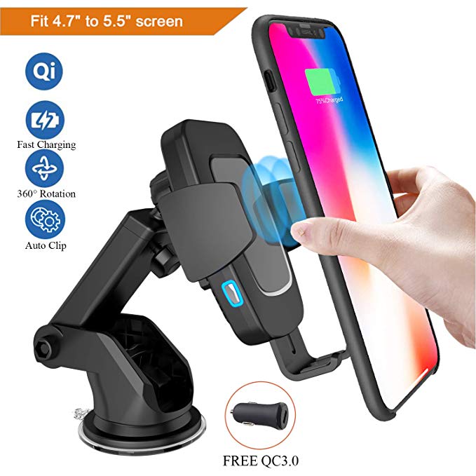 Sendowtek Wireless Car Charger Mount, Auto Clamping, Air Vent Phone Holder for Car, Free QC3.0 Car Charger for Phone X/XR/XS/8/8 Plus, Samsung S10/S10e/Note 9/S9  /S8/S7 Edge, Father's Gift