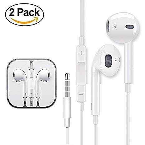 2 PACK Earphones Earbuds Headphones For Apple Headphones Iphone Headphones With Microphone Stereo Sound Mic Remote Volume Control For iphone 6 7 8 x plus ipad ipod Compatible With 3.5 mm Headphone