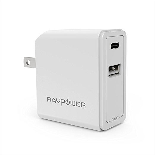 USB Type-C RAVPower 24W Dual USB C Wall Charger 5V 3A Fast Charger for MacBook, Galaxy S8 / Note8, & iSmart USB Output for iPhone 8 / 8 Plus / X and More (White)