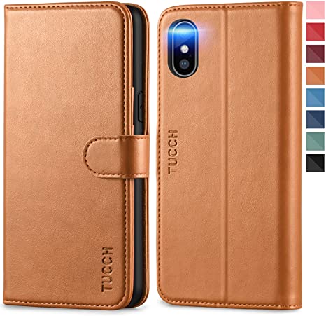 TUCCH iPhone Xs Case, Premium Leather Wallet Case with Magnetic Closure Card Slots Wireless Charging Auto Wake Sleep TPU Shockproof Full Protection Case Compatible with iPhone Xs - Light Brown