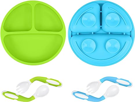 Vicloon Baby Plate Silicone Suction Toddler Plates,2Pcs Silicone Baby Suction Plates with 2 Double Spoon Forks, Non Slip Silicone Baby Weaning Plate, Divided Dishes for Toddler Kids Self Feeding