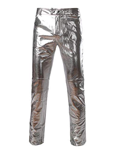 ZEROYAA Mens PU Faux Leather Side Zipper Moto Jeans Style Metallic Pants/Straight Leg Trousers