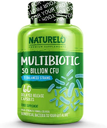 NATURELO Multibiotic Ultra Strength - with 50 Billion CFU (Colony Forming Units) of 11 Powerful Lacto & Bifido Strains of Gut Friendly Bacteria - No Refrigeration Needed - 60 Capsules | 2 Month Supply
