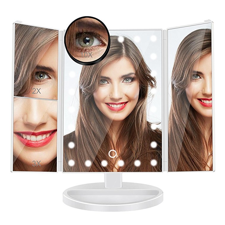 Makeup Vanity Mirror with 10x/3x/2x Magnification,Trifold Lighted Mirror with 24 Led Lights,Touch Screen, 180° Adjustable Rotation,Battery and USB Powered, Countertop Cosmetic Mirror (White)