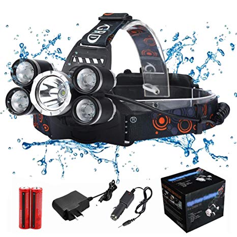Aimik 35000 lumens Headlight Waterproof Adjustable 5 LED Flashlight Headlamp Head Light with 18650 Rechargeable battery