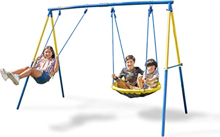 Sportspower Metal Play and Swing Set for Kids with Belt Sling Swing and Saucer Swing, Blue/Yellow