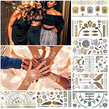 Magicfly Metallic Temporary Tattoos 8 Sheets Over 100 Tattoos for Festival Wedding Party Boho Designs for Adults or Kids (SET 2)