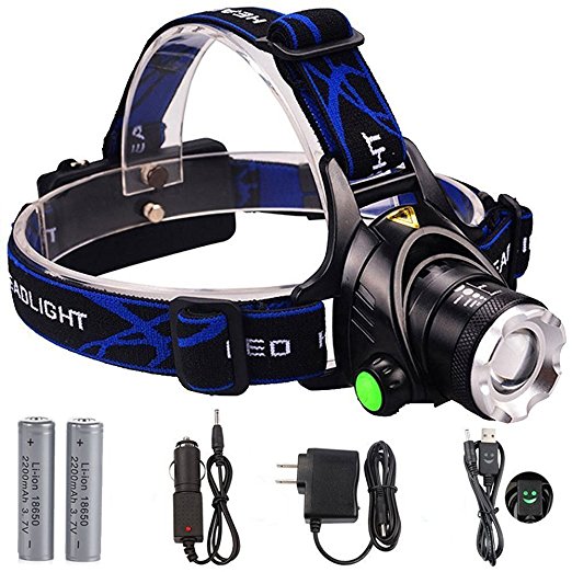 GRDE LED Headlamp Zoomable 3 Modes Waterproof Headlight for Outdoor Camping Hunting Running Hiking, Rechargeable Batteries Wall Charger Car Charger and USB Cable Included