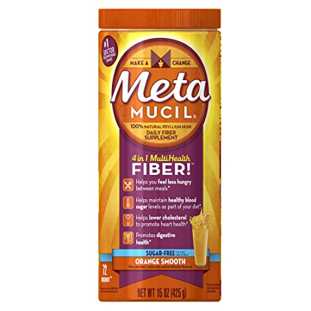 Metamucil Daily Fiber Supplement, 100% Natural Psyllium Husk, Orange Smooth Sugar Free Fiber Powder, 72 Doses
