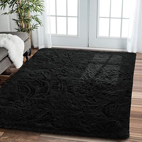Comeet Soft Living Room Area Rugs for Bedroom Fluffy Rugs for Kids Room, Floor Modern Indoor Shaggy Plush Carpets, Home Decor Fuzzy Comfy Nursery Baby Boys Abstract Accent, Black Shag Rug 4x6 Feet
