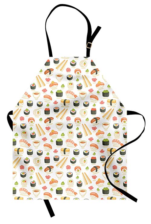 Ambesonne Japan Apron, Doodle of Food Pattern Illustration for Japanese Sushi Bars Restaurants, Unisex Kitchen Bib with Adjustable Neck for Cooking Gardening, Adult Size, Salmon Green