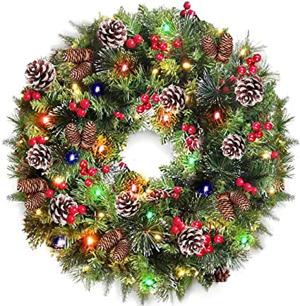 TURNMEON 24 Inch Christmas Wreath with 80 Colorful Lights Battery Operated for Christmas Indoor Outdoor Decoration for Front Door with 220 Pine Branch Pine Cones Berries Snowflakes Xmas Garland Wreath