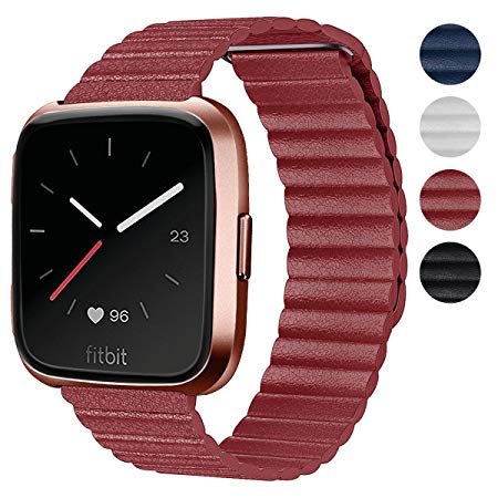 Shangpule Compatible Fitbit Versa Bands Women Man, Genuine Leather Loop with Unique Magnetic Strap Replacement Wristbands Accessories Compatible Fitbit Versa Fitness Smart Watch