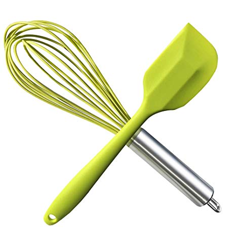 HauBee Kitchen Wire Balloon Silicone Whisk Set 600ºF Heat Resistant Non Stick Rubber Stainless Steel Seamless Design Baking Cooking Spatulas Tools (2 Pack,Green)