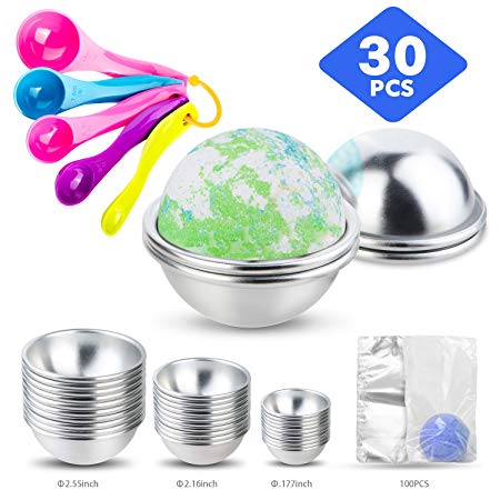30 PCS 3 Size DIY Metal Bath Bomb Mold with BONUS 5 Spoons In Different Sizes, 100 Pcs Shrink Wrap Bags DIY Round Bomb Making Metal Balls Mold Kit, Mix Your Own Creative Recipes – Homemade Soap Making