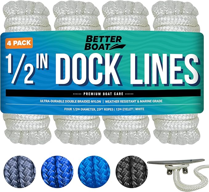 Boat Dock Lines & Rope Boat Ropes for Docking 1/2" Line Braided Mooring Marine Rope 25FT 1/2 Inch Nylon Rope Boat Dock Lines for Docking Boat Lines Boating Rope Braided with Loop White 4 Pk