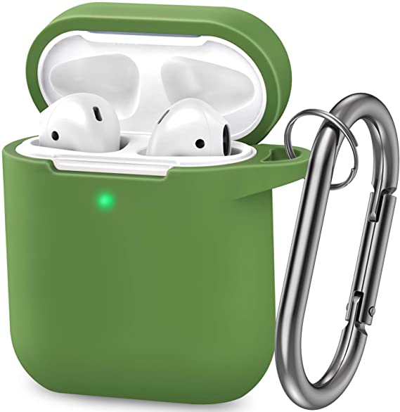 AirPods Case, Silicone Cover with U Shape Carabiner,360°Protective,Dust-Proof,Super Skin Silicone Compatible with Apple AirPods 1st/2nd (Olive Green)