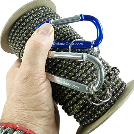 Shock Cord - Marine Grade   2 Carabiners & Knot Tying eBook.  1/8", 3/16", 1/4" Diameter, 25 / 50 / 100 ft. Spools. 6 Colors, Made in USA. Also called bungee cord, stretch cord & elastic cord.