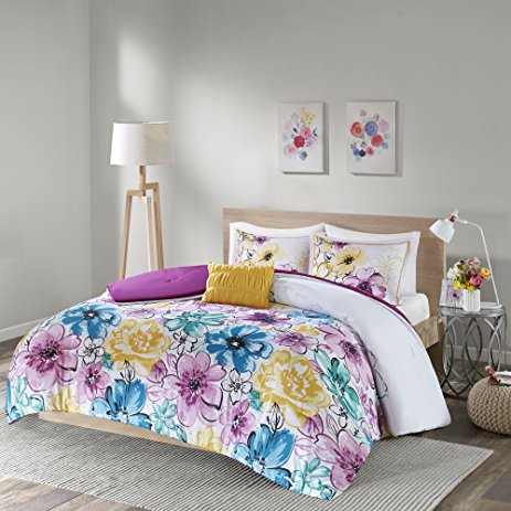 Comfort Spaces - Francisca Comforter Set - 4 Piece - Blue Purple Yellow - Floral Print - Queen Size, includes 1 Comforter, 2 Shams, 1 Decorative Pillow