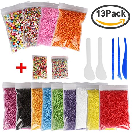 Aprince Foam Beads Slime Foam Balls, 13 Pack Colorful 0.1-0.35 Inch Arts Crafts Styrofoam Beads (50000 pcs) for Wedding Party Decorations, Bonus Fruit Slices   Mixed Sequins   5 Slime Tools