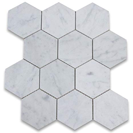Carrara White Italian Carrera Marble Hexagon Mosaic Tile 4 inch Honed