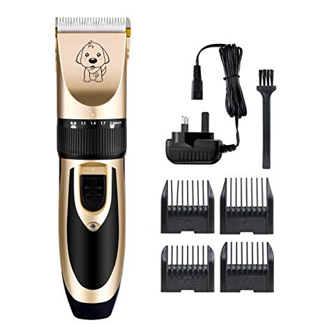 SUNPAUTO Pet Grooming Clippers, Professional Dog Clippers with Low Noise Rechargeable Electric Grooming Hair Trimming Kit Set for Pet Dogs and Cats (Gold)