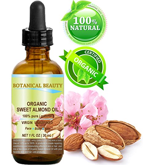 ORGANIC SWEET ALMOND OIL 100% Pure / Virgin / Unrefined Cold Pressed Carrier Oil. 1 oz-30 ml. For Face, Hair and Body.