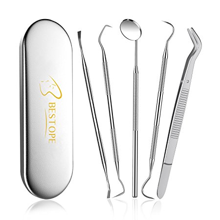 BESTOPE Dental Tools Dental Pick Set 5PCs Dental Hygiene Kit with Tooth Scraper, Stainless Steel Teeth Cleaning Kit with Metal Case for Plaque Tartar Removal - Personal or Pet Use