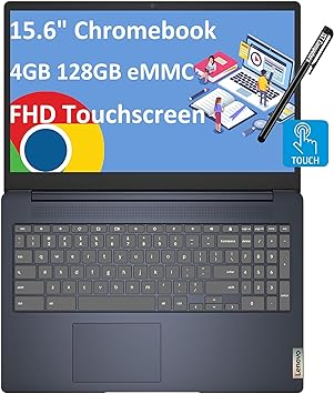 Lenovo 2024 Chromebook 3 3i (15.6" FHD Touchscreen, Intel 4-Core Pentium N6000, 4GB RAM, 128GB eMMC, IST Stylus), Home and Student Laptop, Webcam,10-Hr Long-Battery Life, Chrome OS, Abyss Blue