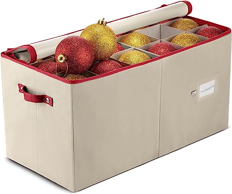 Zober Large Christmas Ornament Storage Box - Stores 54 Ornaments W/Dividers - Non-Woven, Durable Christmas Storage Containers - Dual Zipper - Ivory