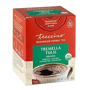 Teeccino Tremella Tulsi Tea - Cardamom - Organic Mushroom Adaptogenic Herbal Tea, 3x More Herbs than Regular Tea Bags, Gluten Free, Prebiotic, Caffeine Free - 10 Tea Bags