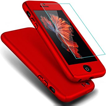 iPhone 5S Case,iPhone 5 Case, iPhone SE Case, Full Body Coverage Ultra-thin Hard Hybrid Plastic with [Slim Tempered Glass Screen Protector] Protective Case Cover & Skin for Apple iPhone 5S/5 (Red)