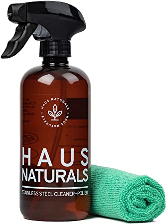 HAUS Naturals Stainless Steel Cleaner Spray - All-Natural Appliance Cleaner - Removes Smudges, Streaks and Fingerprints. Eco-Friendly, Kids-Friendly. Large Microfiber Cloth Included. 16 oz