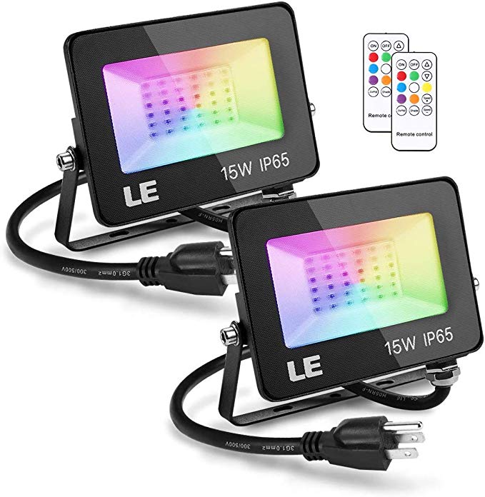 LE RGB Flood Lights, Outdoor LED Floodlight, 15W Stage Lighting, Waterproof, Plug in Security Light with Remote Control, for Home, Backyard, Patio, Garage, Tree, Pack of 2