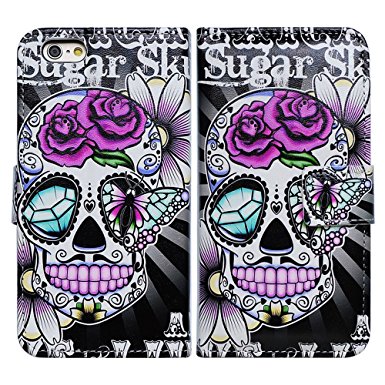 Bfun Packing Purple Flowers Floral Sugar Skull Card Slot Wallet Leather Case Cover For Apple iPhone 6 Plus AT&T Verizon Sprint